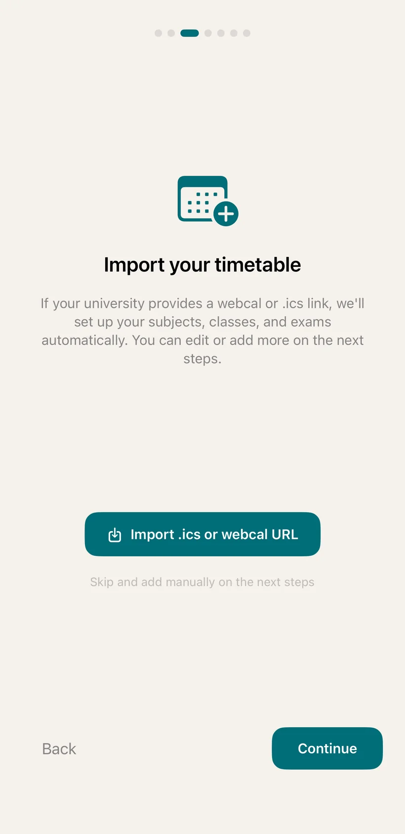 Sosta onboarding, import your timetable from a webcal or ICS link