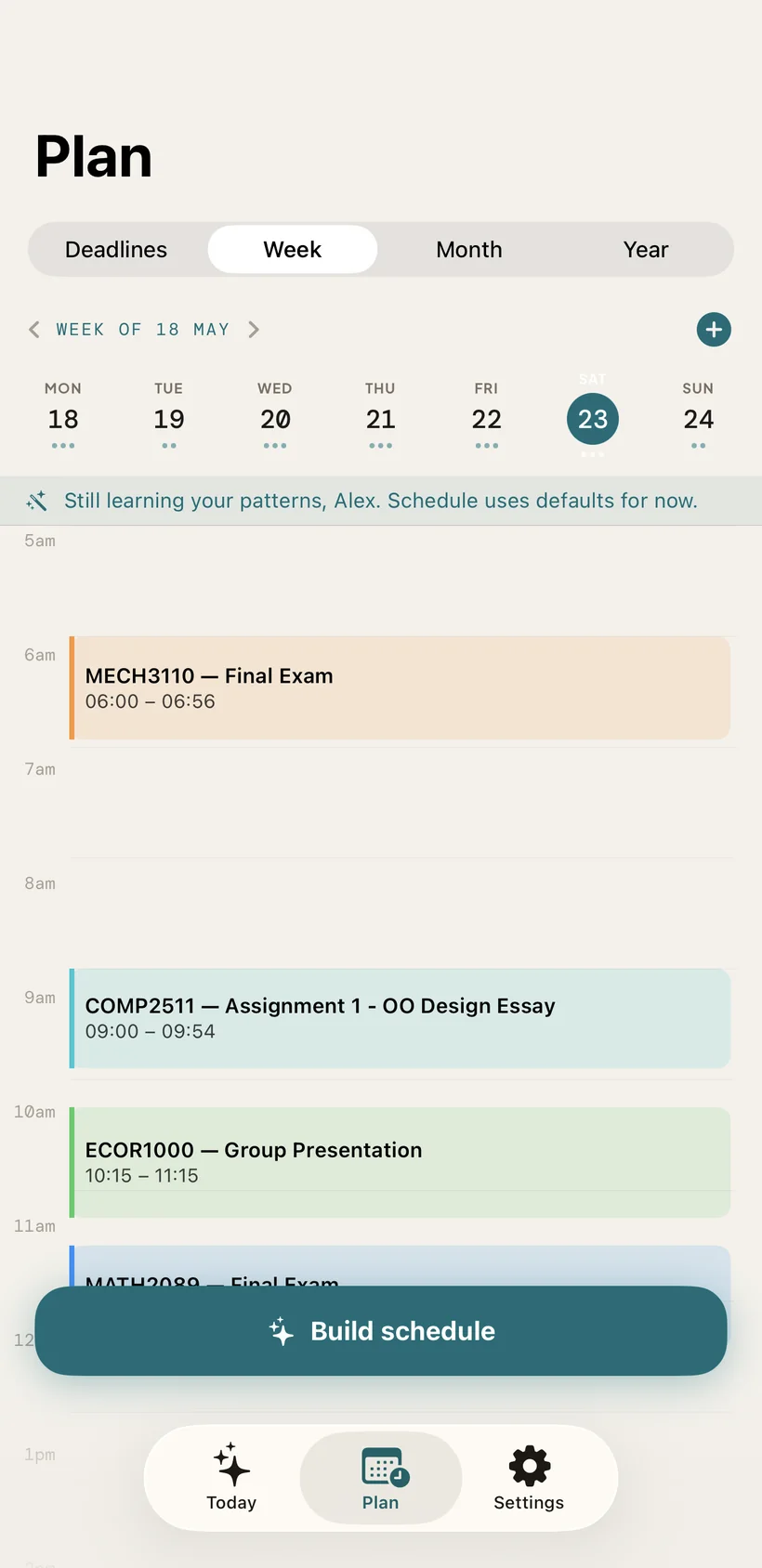 Sosta week view, real iOS app, classes and deadlines built into a schedule